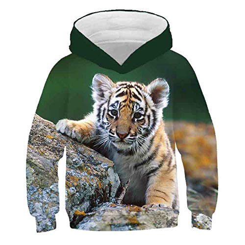 COAOBO Kinder Hoodie 3D Druck，3D Tiger Kinder Hoodie Jungen Mädchen Dünne Sweatshirt Hut Tiger Print Teenager Jungen Mädchen Hoodie Pullover-150Cm von COAOBO