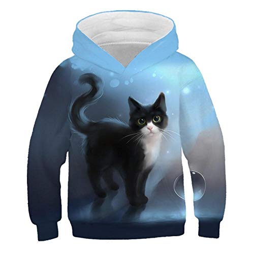 Kinder Hoodie 3D Druck，Herbst Winter Pullover Kinder Jungen Mädchen Kleidung Kapuze Cartoon 3D Hoodie Tiere Katze Sweatshirt Tops Kleidung-140Cm von COAOBO