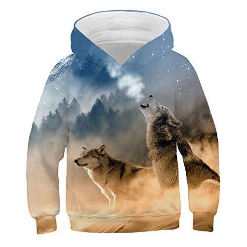 COAOBO Kinder Hoodie 3D Druck，Mode Wolf Print Pullover Jungen Mädchen Sweatshirt Lässig Hip Hop Streetwear Winter Langarm Kapuze Kinder Kleidung-120Cm von COAOBO
