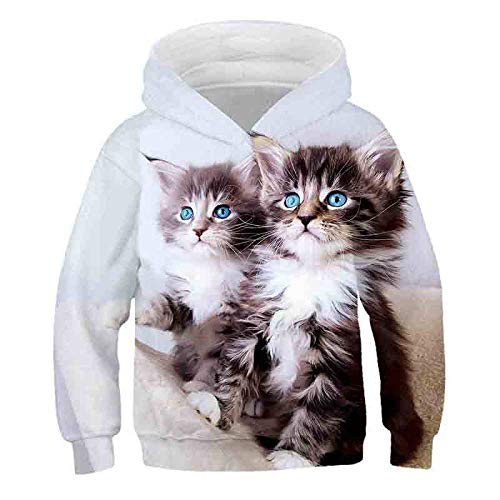 Kinder Hoodie 3D Druck，Herbst Winter Niedlich Tier Katze Kinder Jungen Mädchen Kleidung Kapuze 3D Hoodie Casual Sweatshirt Tops Kleidung-140Cm von COAOBO