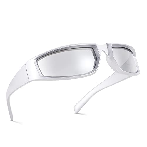 COASION Futuristisch Sonnenbrillen Für Herren Und Damen UV400 Schutz Y2K Wrap Around Sports Sonnenbrille (Silber/Silber Spiegel) von COASION