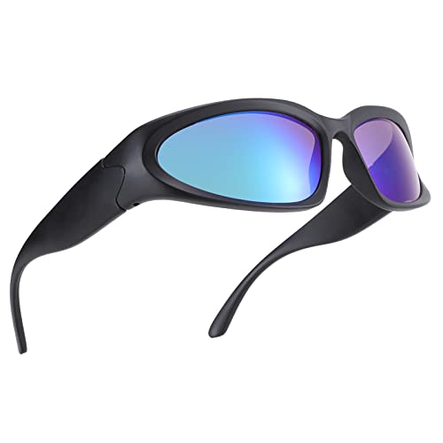 COASION Herren Polarisierte Sonnenbrille Y2k Men Vintage Sport uv400 Brille Futuristische Sonnenbrille（A4 Mattschwarz/Grün gespiegelt） von COASION