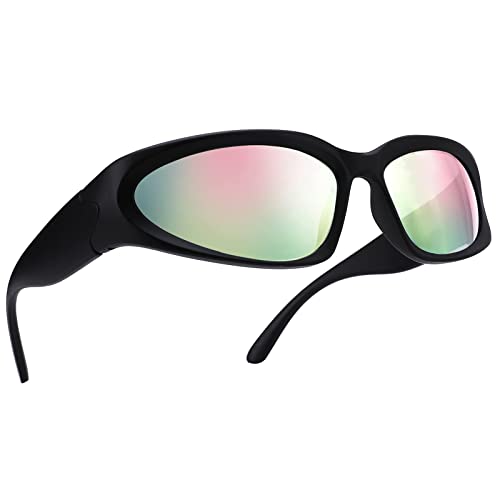 COASION Herren Polarisierte Sonnenbrille Y2k Men Vintage Sport uv400 Brille Futuristische Sonnenbrille（A61 Mattschwarz/Rosa gespiegelt） von COASION