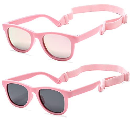 COASION Baby Kinder Polarisierte Sonnenbrille UV400 Schutz Silikon Rahmen mit Sonnenbrille für Baby 0-24 (C8* Mattes Rosa/Grau + Rosa/Rosa Spiegel - 2er-Pack) von COASION