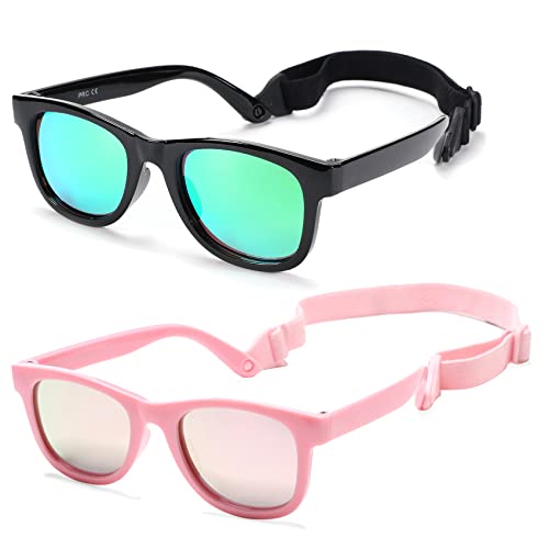 COASION Kinder Sonnenbrille Polarisierte Uv Schutz Gummi Sonnenbrille Baby Alter 1-3 (C8* Schwarz/Grüner Spiegel + Rosa/Pinker Spiegel - 2er Pack) von COASION