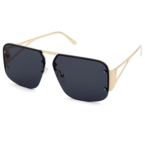 COASION Pilotenbrille Herren Damen Sonnenbrille Rahmenlose Eckig Groß Metallrahmen Piloten Sunglasses-Gold/Grey von COASION