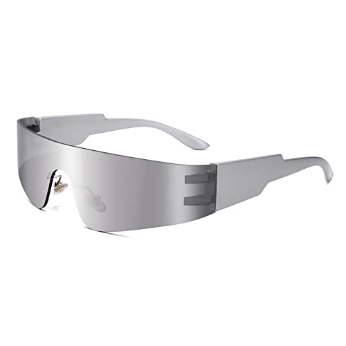 COASION Randlos Sonnenbrillen Für Herren Y2K Sport UV400 Wrap Gläser Spiegel Rechteckig Futuristische Sonnenbrille (Silberne Fassung+Silberne Linse) von COASION