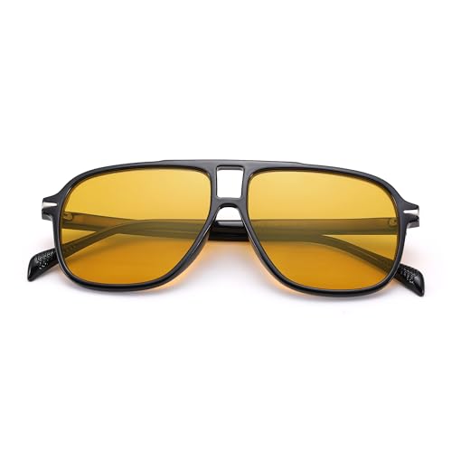 COASION Retro Pilot Sonnenbrille für Frauen Männer Klassisch Rechteckig Doppelsteg Brille Übergröße 70er Jahre Vintage Eyewear UV400 Schutz(Glänzend Schwarzer Rahmen/Orange Gläser) von COASION