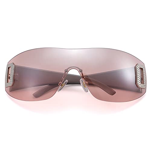 COASION Retro Rechteck Randlose Sonnenbrille für Damen Herren Y2K Wrap Around Shades Brillen (Grau+Rosa) von COASION
