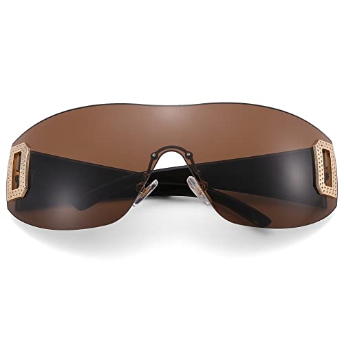 COASION Retro Rechteck Randlose Sonnenbrille für Damen Herren Y2K Wrap Around Shades Brillen (Schwarz+Braun) von COASION