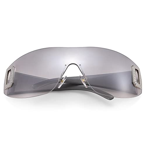 COASION Retro Rechteck Randlose Sonnenbrille für Damen Herren Y2K Wrap Around Shades Brillen (Silber) von COASION