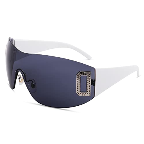 COASION Retro Rechteck Randlose Sonnenbrille für Damen Herren Y2K Wrap Around Shades Brillen (Weiß+Schwarz) von COASION