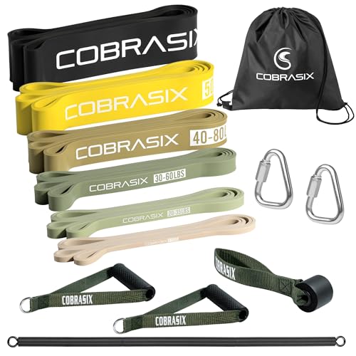 COBRASIX Widerstandsbänder für Training Männer und Frauen | 6er Set Widerstandsbänder mit Aufsätzen und Stange | Powerlifting, Stretching, WOD, Krafttraining und Klimmzüge [6-teiliges Set mit Stange] von COBRASIX