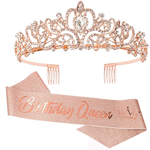 COCIDE"Birthday Queen" Sash and Crystal Tiara Set Tiara and Crowns for Women Birthday Gift for Girl Kit Decorations Set Rhinestone Hair Accessories Glitter Stain Silk Sash for Party von COCIDE