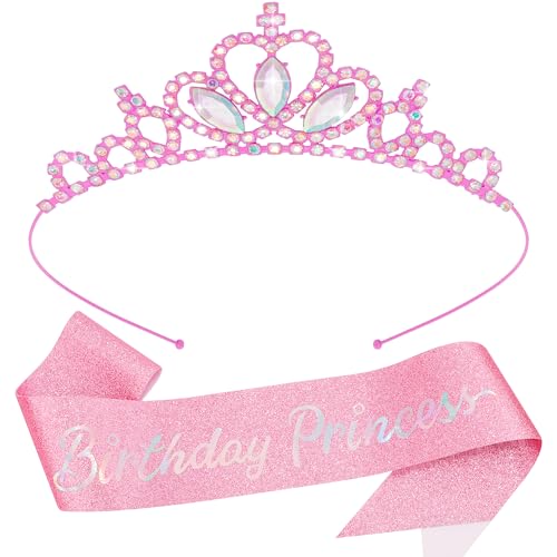 COCIDE Geburtstag Prinzessin Schärpen und Diademe für Mädchen Rosa Schärpe und Tiaras für Frauen Geburtstag Party Zubehör Kit Happy Birthday Dekorationen Set Glitzer Schärpe Kristall Strass von COCIDE