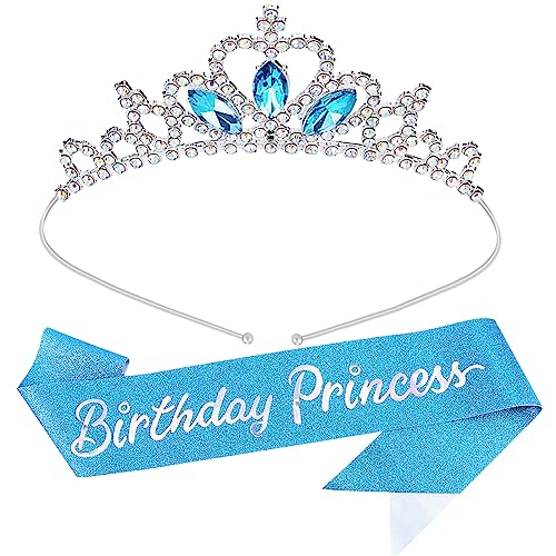 COCIDE "Geburtstag Prinzessin" Schärpen und Tiaras für Mädchen Geburtstag Kronen und Diademe für Frauen Geburtstag Party Zubehör Kit Happy Birthday Dekorationen Set Glitzer Schärpe Kristall Strass (Blau Tiara + Schärpe) von COCIDE