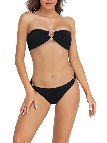 COCOFREE Bandeau-Bikini-Set für Damen, schulterfrei, mit Ring, trägerlos, knisternder Stoff, schwarz, Large von COCOFREE