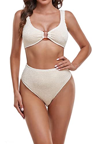 COCOFREE Frauen Zweiteiliger Bikini Set Hohe Taille V-Ausschnitt Knitterstoff Bandeau Crop Top Badeanzug, Cream, XL von COCOFREE