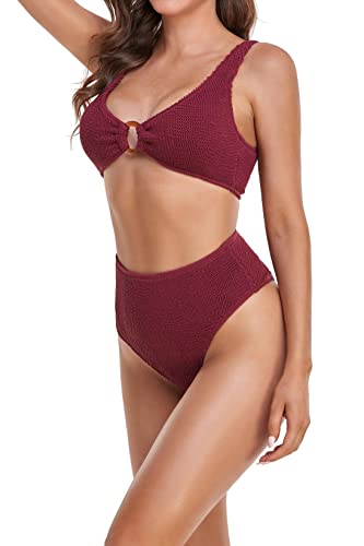 COCOFREE Frauen Zweiteiliger Bikini Set Hohe Taille V-Ausschnitt Knitterstoff Bandeau Crop Top Badeanzug, Traube, S von COCOFREE