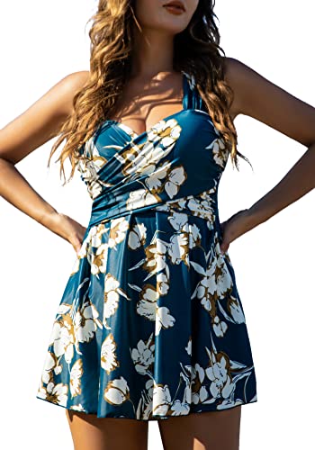 COCOPEAR Damen Elegant Crossover Einteiler Badeanzug Floral Rock Badeanzug, Dunkles Preußischblau geblümt, XL von COCOPEAR