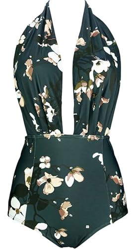 COCOSHIP Retro-Badeanzug, einteilig, rückenfrei, hohe Taille, Pin-Up-Bademode (FBA), Gable Bloom, Large von COCOSHIP