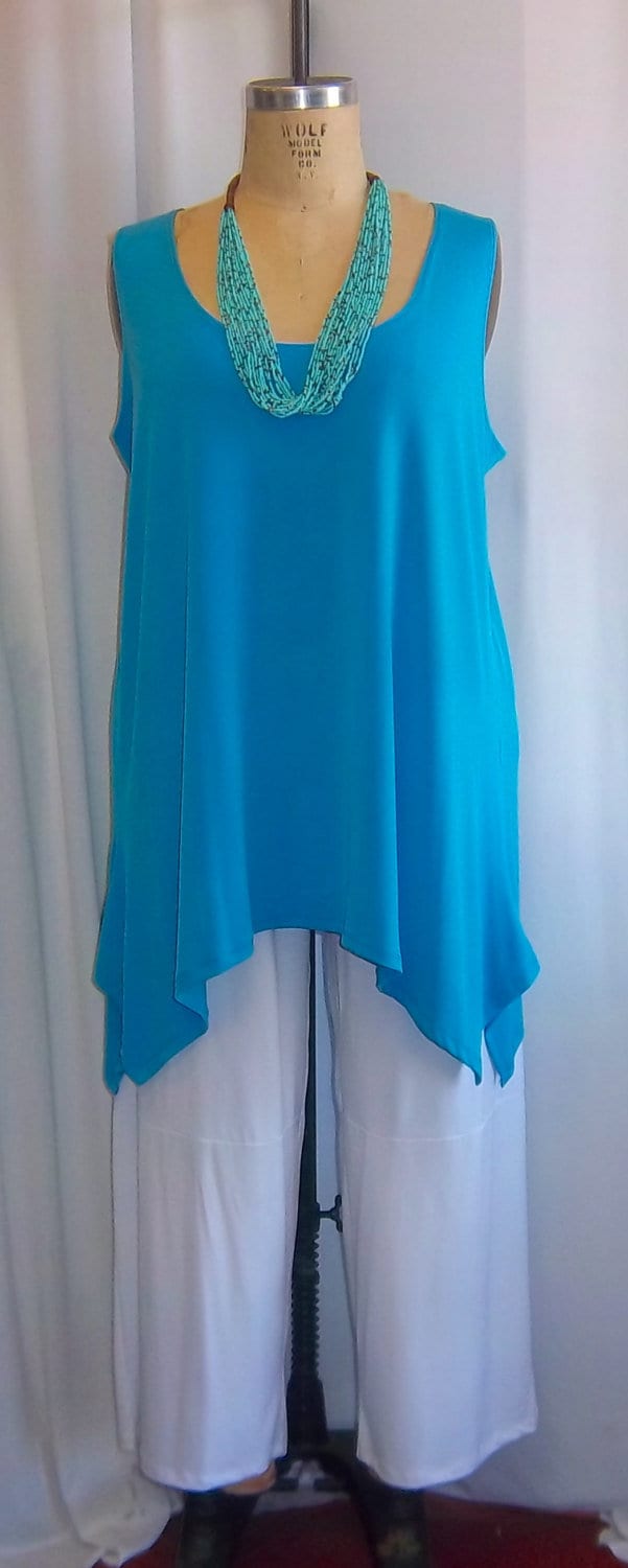 Plus Size Tunika, Coco Und Juan, Lagenlook, Top, Türkis Blau Traveler Gestrickt Angled Tank Größe 2 Passt 3x, 4x Büste 60" von COCOandJUAN