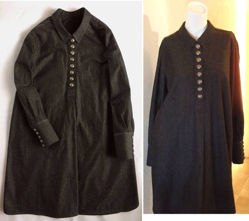 Schwarz Denim Chambray Militär- Knöpfe Halbe Knopfleiste Tuck-Front Entspannen Sie Sich Fit Boxy Long-Shirt Kleid Tunika Us 8 - 9 Large Cocodake von COCOdakeCOuture