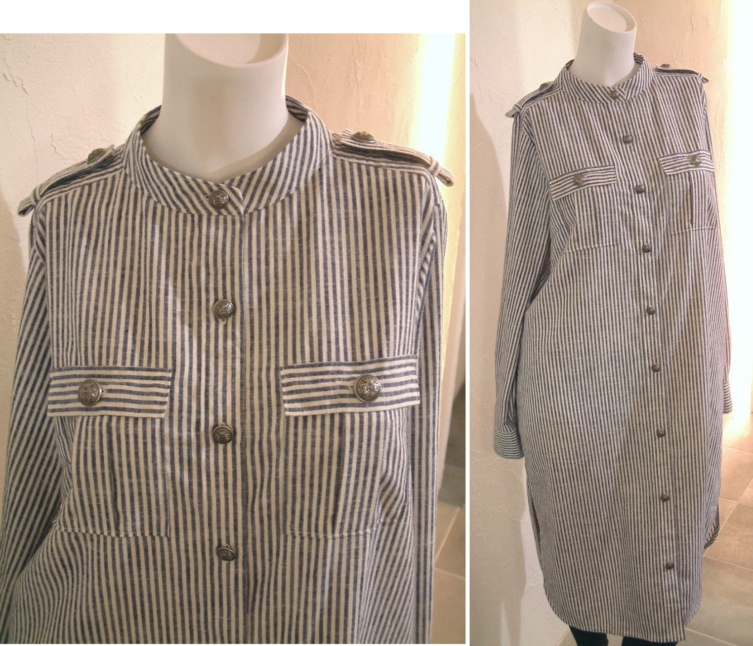 Gestreifte Chambray Brushed Cotton Epaulette Knopftasche Militär Hemd Tunika Kleid Top Relax Passend Us 8 - 9 Large Cocodake Couture Japan von COCOdakeCOuture