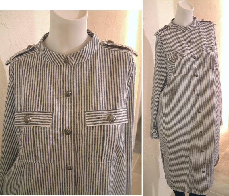 Gestreifte Chambray Brushed Cotton Epaulette Knopftasche Militär Hemd Tunika Kleid Top Relax Passend Us 8 - 9 Large Cocodake Couture Japan von COCOdakeCOuture