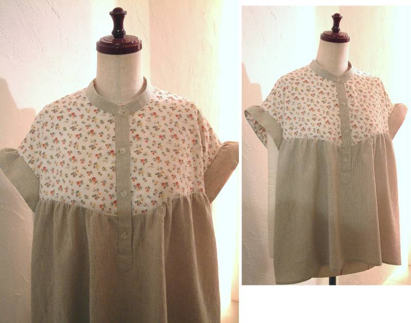 Gestreiftes Salbeigrün Geraffter Kontrast Blumendruck Halbe Knopfleiste Oversized Flügelärmel Bluse Top Shirt Us 8 - 9 Large Cocodake Coouture von COCOdakeCOuture