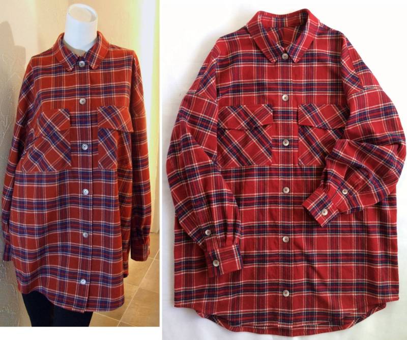 Rot Blau Karo Flanell Brushed Twill Große Taschenklappe Ballon-Ärmeln Drop Schulter Oversized Shirt Tunika Us 8 - 9 Large Cocodake von COCOdakeCOuture