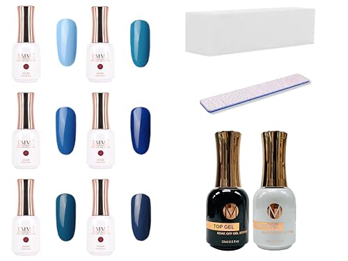 CÔEM - Premium Nagellack Set für UV-Lampe 6 Farben inkl. 1 Base, 1 Top Coat, 1 Buffer, 1 Nagelfeile - Langanhaltend & schnelltrocknend - Gellack Shellac professioneller Look - Gel Nail Polish Blau von CÔEM