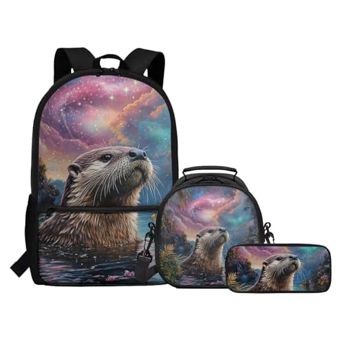 COEQINE 3-in-1 Mädchen-Rucksack mit Lunchbox und Federmäppchen, Set für Grundschule mit gepolstertem Rücken zu Geschenken, Pink Galaxy Otter von COEQINE