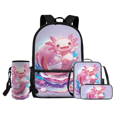 COEQINE 4 in 1 Rosa Rucksack für Mädchen 4 6 8 10 12 Jahre Mittelschule Tasche Set Lunchbox Bleistift Box Flaschenhalter Gurt, Cartoon Axolotl Tier Kawaii von COEQINE