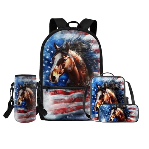 COEQINE 4 in 1 Rosa Rucksack für Mädchen 4 6 8 10 12 Jahre Mittelschule Tasche Set Lunchbox Bleistift Box Flaschenhalter Gurt, Pferd mit amerikanischer Flagge von COEQINE