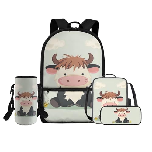 COEQINE 4 in 1 Rosa Rucksack für Mädchen 4 6 8 10 12 Jahre Mittelschule Tasche Set Lunchbox Bleistift Box Flaschenhalter Gurt, Pink-schwarzes Cartoon-Nilpferd von COEQINE