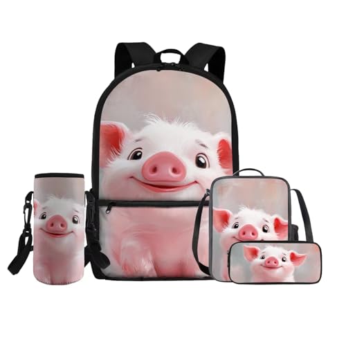 COEQINE 4 in 1 Rosa Rucksack für Mädchen 4 6 8 10 12 Jahre Mittelschule Tasche Set Lunchbox Bleistift Box Flaschenhalter Gurt, Pinkes Cartoon-Schwein von COEQINE