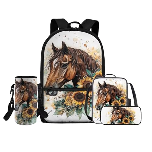 COEQINE 4 in 1 Rosa Rucksack für Mädchen 4 6 8 10 12 Jahre Mittelschule Tasche Set Lunchbox Bleistift Box Flaschenhalter Gurt, Sonnenblumenpferd von COEQINE