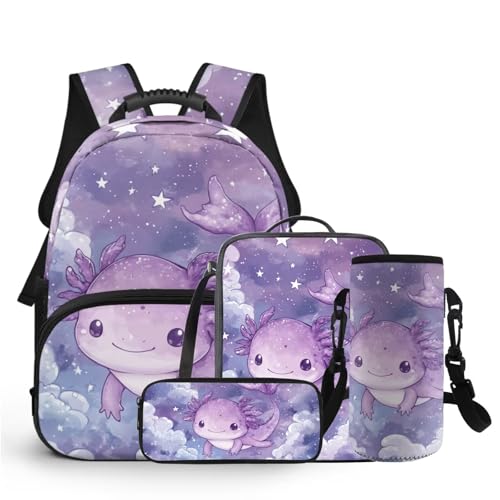 COEQINE 4 in 1 Rucksack für Mädchen 4 6 8 10 12 Jahre Grundschule Tasche Set Lunchbox Bleistift Box Flaschenhalter Gurt, Cartoon Axolotl Purple Space von COEQINE