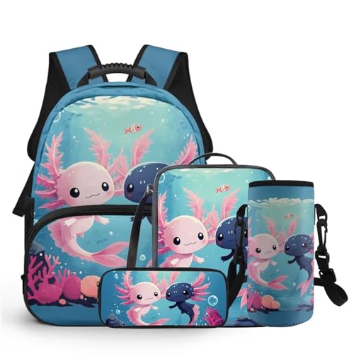 COEQINE 4 in 1 Rucksack für Mädchen 4 6 8 10 12 Jahre Grundschule Tasche Set Lunchbox Bleistift Box Flaschenhalter Gurt, Ocean Axolotl Friend von COEQINE
