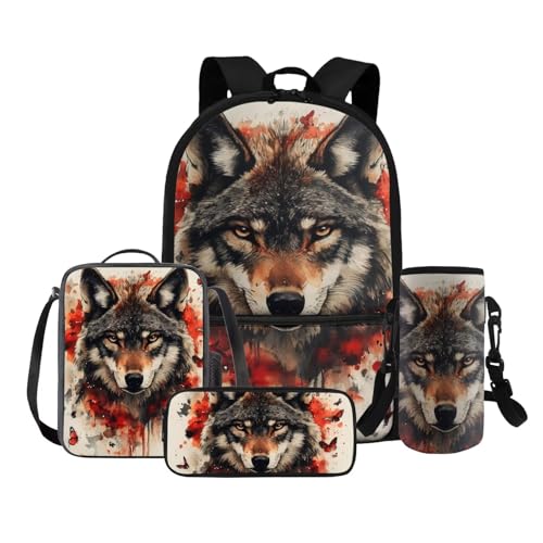 COEQINE 4 in 1 Wolf Rucksack für Mädchen 4 6 8 10 12 Jahre Grundschule Tasche Set Lunchbox Bleistift Box Flaschenhalter Gurt, 3D-Wolfskopf-Schmetterling von COEQINE