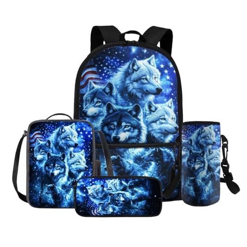 COEQINE 4 in 1 Wolf Rucksack für Mädchen 4 6 8 10 12 Jahre Grundschule Tasche Set Lunchbox Bleistift Box Flaschenhalter Gurt, Amerikanische Flagge Wolf Black Lue von COEQINE