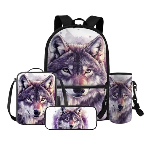 COEQINE 4 in 1 Wolf Rucksack für Mädchen 4 6 8 10 12 Jahre Grundschule Tasche Set Lunchbox Bleistift Box Flaschenhalter Gurt, Aquarell Wolf Cool von COEQINE