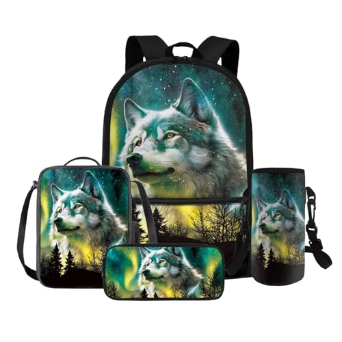 COEQINE 4 in 1 Wolf Rucksack für Mädchen 4 6 8 10 12 Jahre Grundschule Tasche Set Lunchbox Bleistift Box Flaschenhalter Gurt, Aurora Wolf Forest von COEQINE