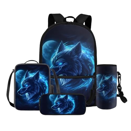 COEQINE 4 in 1 Wolf Rucksack für Mädchen 4 6 8 10 12 Jahre Grundschule Tasche Set Lunchbox Bleistift Box Flaschenhalter Gurt, Blue Wolf Moon Black von COEQINE