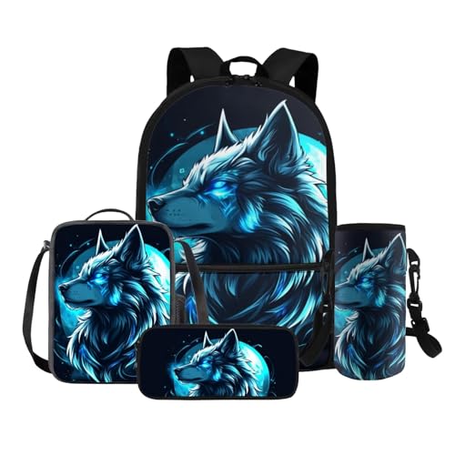 COEQINE 4 in 1 Wolf Rucksack für Mädchen 4 6 8 10 12 Jahre Grundschule Tasche Set Lunchbox Bleistift Box Flaschenhalter Gurt, Blue Wolf Moon von COEQINE