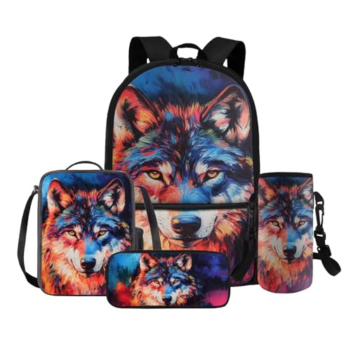 COEQINE 4 in 1 Wolf Rucksack für Mädchen 4 6 8 10 12 Jahre Grundschule Tasche Set Lunchbox Bleistift Box Flaschenhalter Gurt, Cooles Wolf-Aquarell, 3D von COEQINE