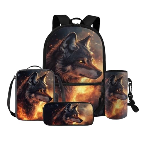 COEQINE 4 in 1 Wolf Rucksack für Mädchen 4 6 8 10 12 Jahre Grundschule Tasche Set Lunchbox Bleistift Box Flaschenhalter Gurt, Galaxy Gray Wolf Gold Black von COEQINE