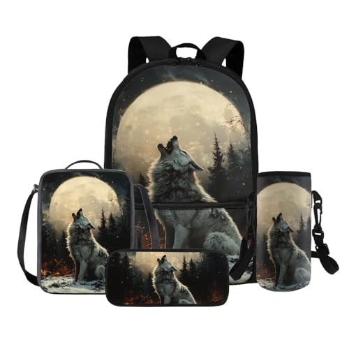COEQINE 4 in 1 Wolf Rucksack für Mädchen 4 6 8 10 12 Jahre Grundschule Tasche Set Lunchbox Bleistift Box Flaschenhalter Gurt, Moon Under Wolf von COEQINE