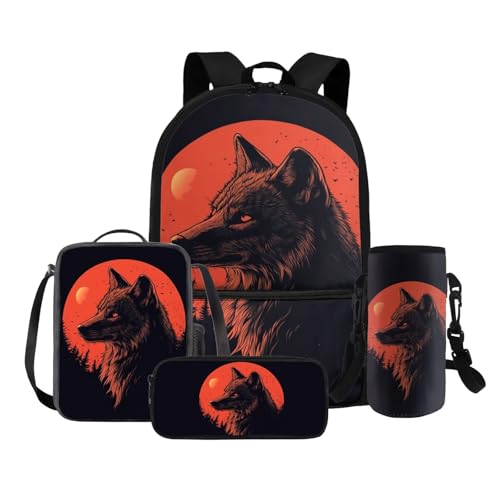 COEQINE 4 in 1 Wolf Rucksack für Mädchen 4 6 8 10 12 Jahre Grundschule Tasche Set Lunchbox Bleistift Box Flaschenhalter Gurt, Red Moon Wolf Cool von COEQINE